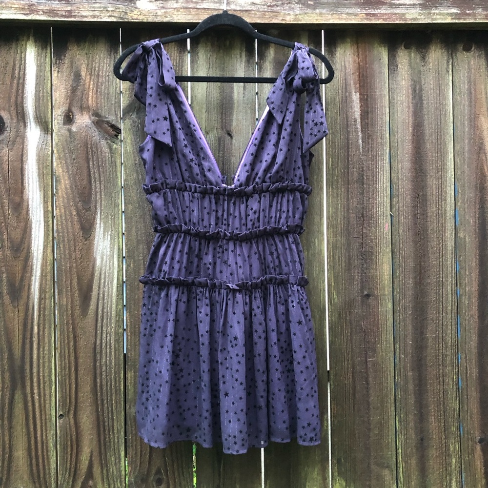 Majorelle Emmalyn Eggplant Purple Star Print Mini Dress Size XXS Sheer Tiered
